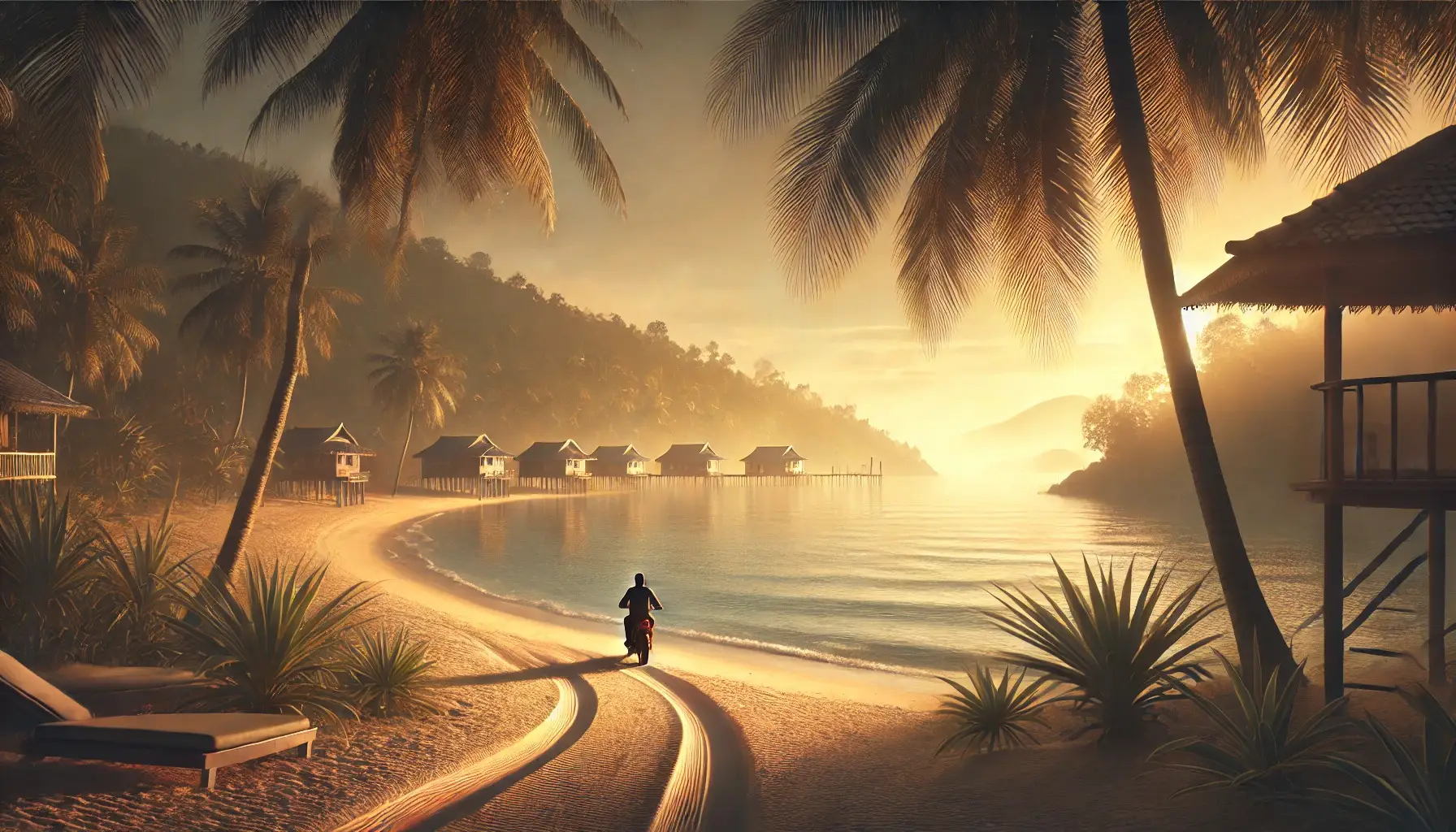 Mysterious beach scene at dawn on Koh Phangan, with a lone figure on a motorcycle heading towards the sea, symbolizing the enigmatic presence of Satoshi Nakamoto.